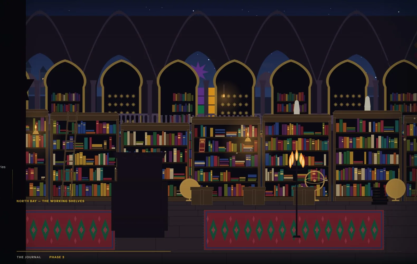 The journal world's reading room: Gothic arches, candlelit shelves, a lantern, and one book standing proud of the row