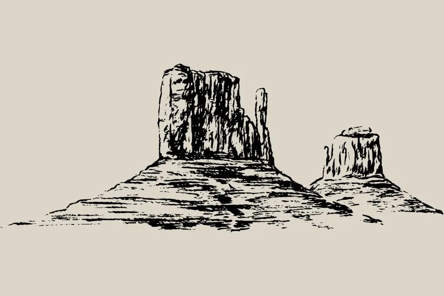 Two mesas on a flat horizon, drawn in ink
