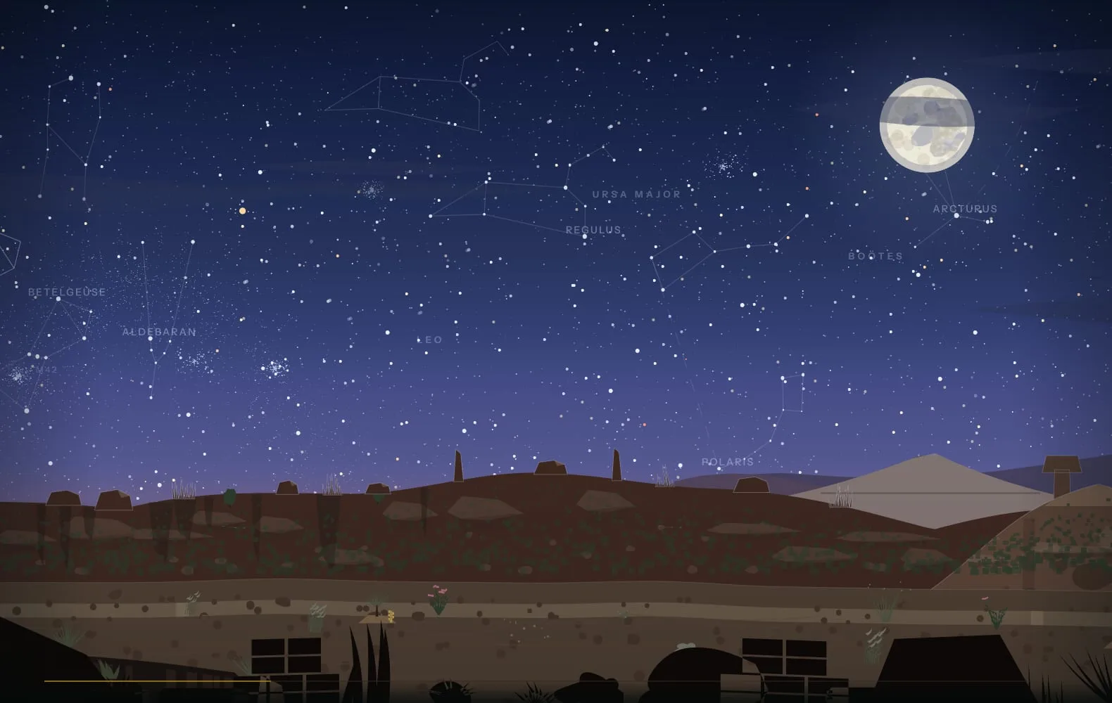 The about desert at night: a full moon over pyramids and mesas, a scatter of stars, palms along the far horizon