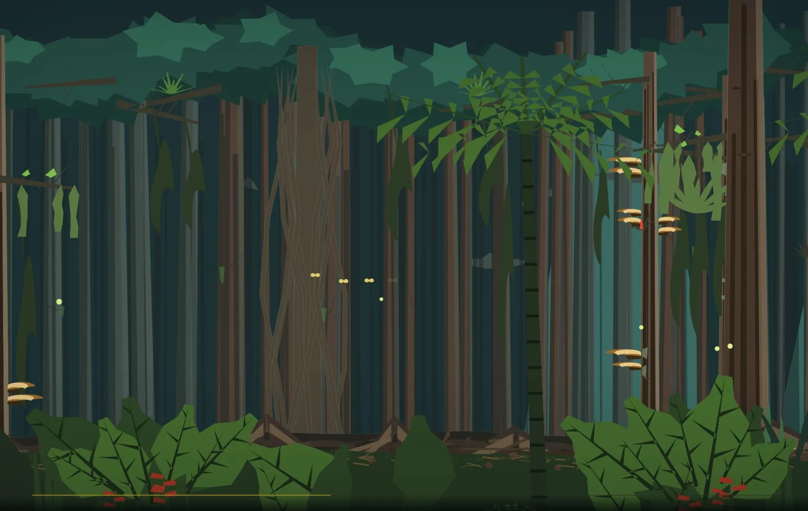 The homepage rainforest a third of the way in: trunks in three depths, canopy overhead, undergrowth and mushrooms along the floor