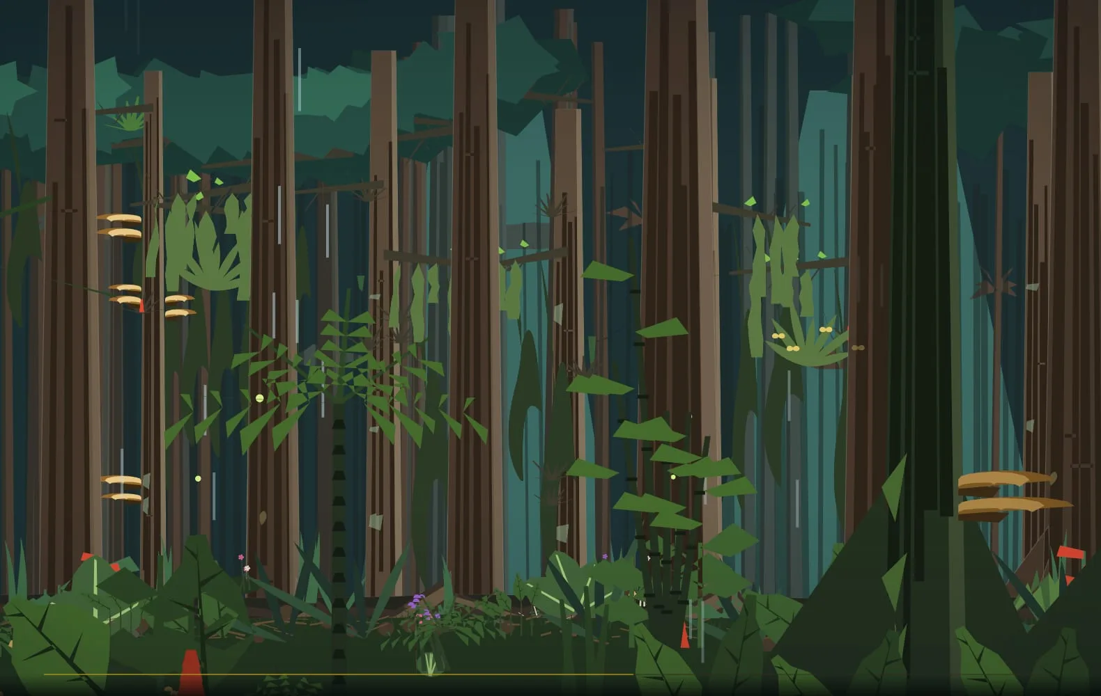 The homepage rainforest, mid-walk: tall trunks, canopy, a shaft of light through the ferns