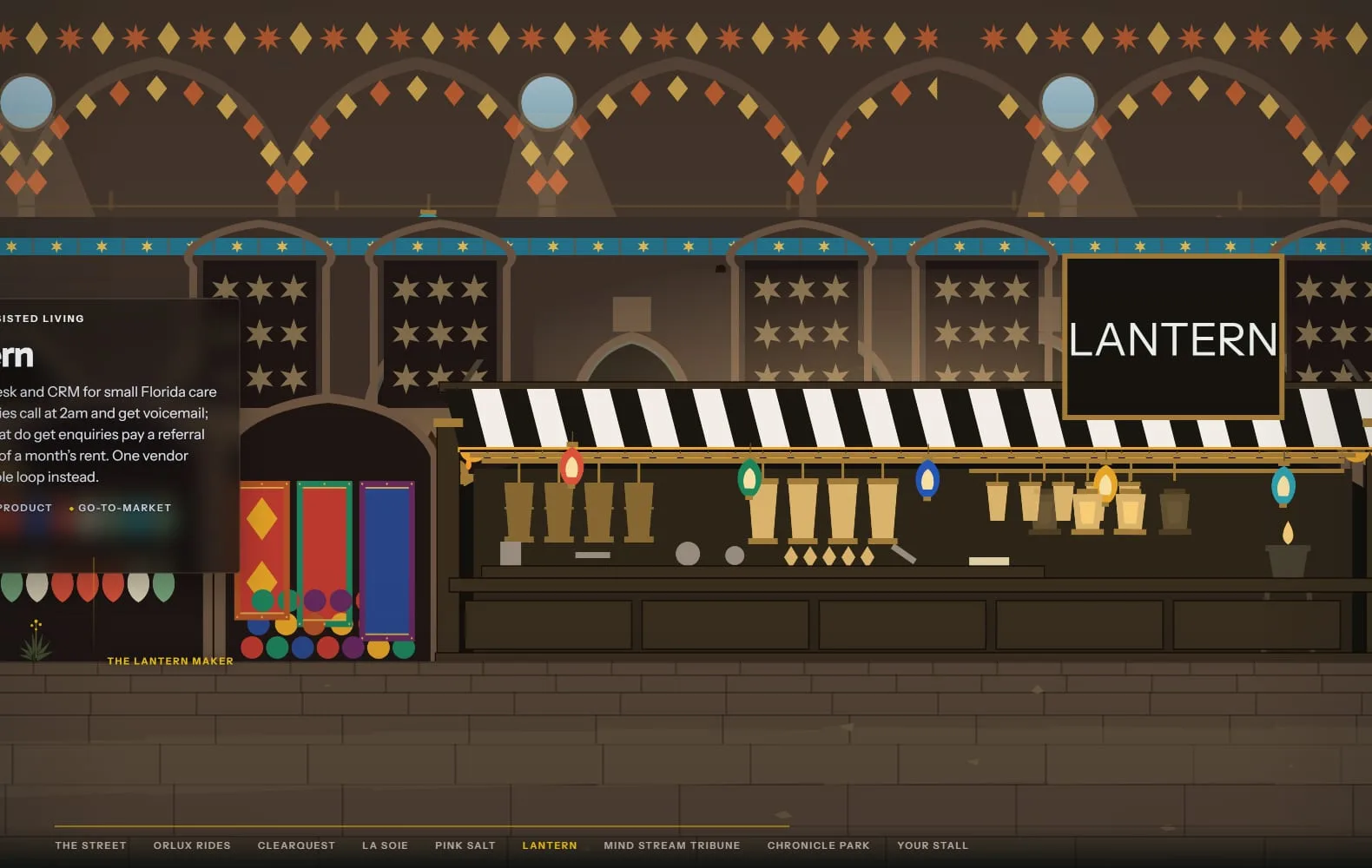 The portfolio street at night: awnings, a lantern shop, stalls under a lit arcade
